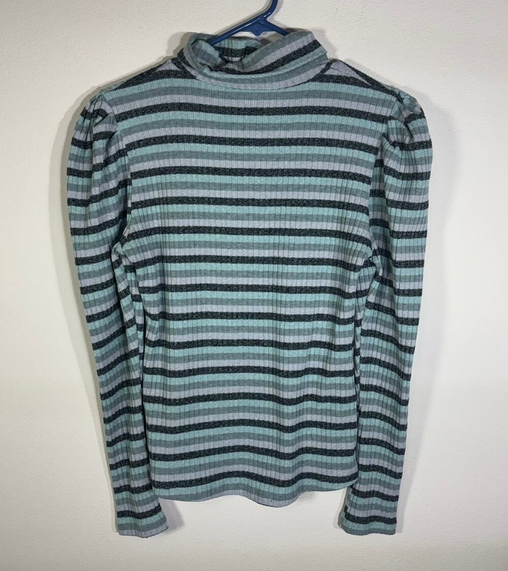 Maeve Anthropologie Womens L Blue Gray Stripe Ribbed Puff Sleeve Turtleneck Top